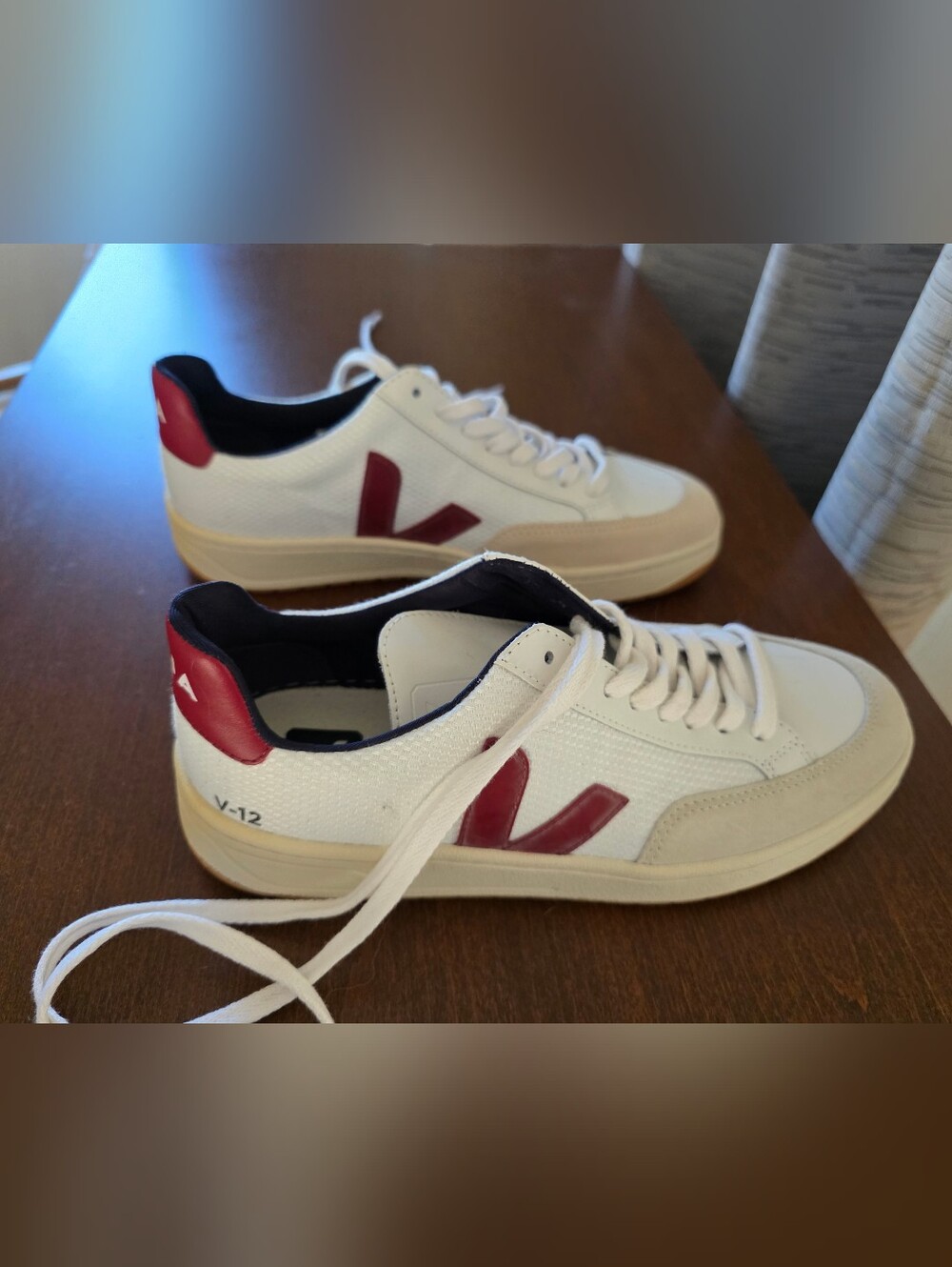 Veja V-12 White Sneakers with Burgundy Logo